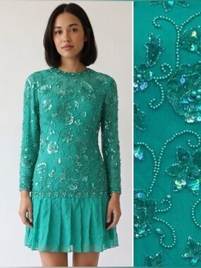 Vintage Niteline 6P Seafoam Beaded Silk Chiffon Formal Flapper Pleated Dress